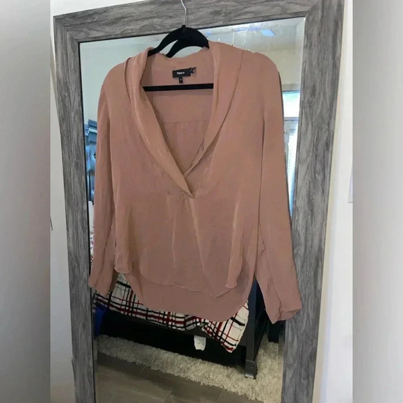 Theory tan silk shawl collar long sleeve top - Picture 5 of 7